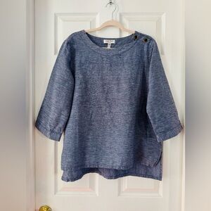 Ellen Tracy Shirt Womens Blue Linen Blend 3/4 Sleeve Pullover size large
